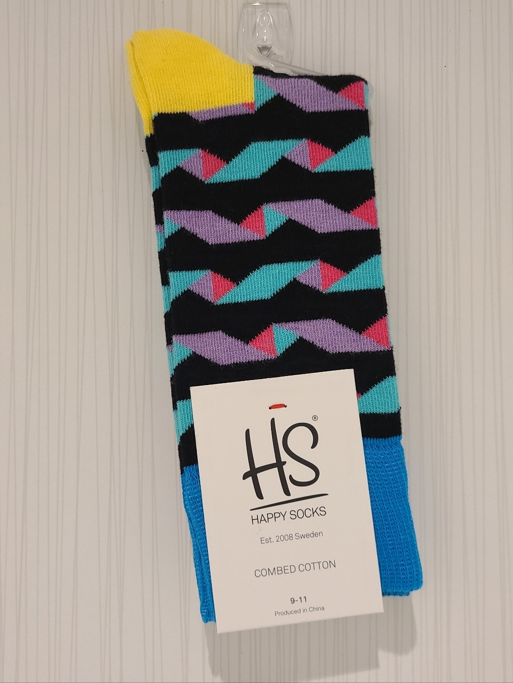 Happy Socks Black Crew Socks with Yellow Toe and Blue Cuff Womens Shoe 6 To 10